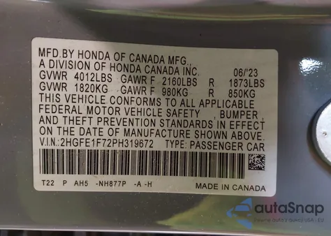 2023 Honda Civic Ex /Ex W/O Bsi из США, поврежденный, VIN 2HGFE1F72PH319672